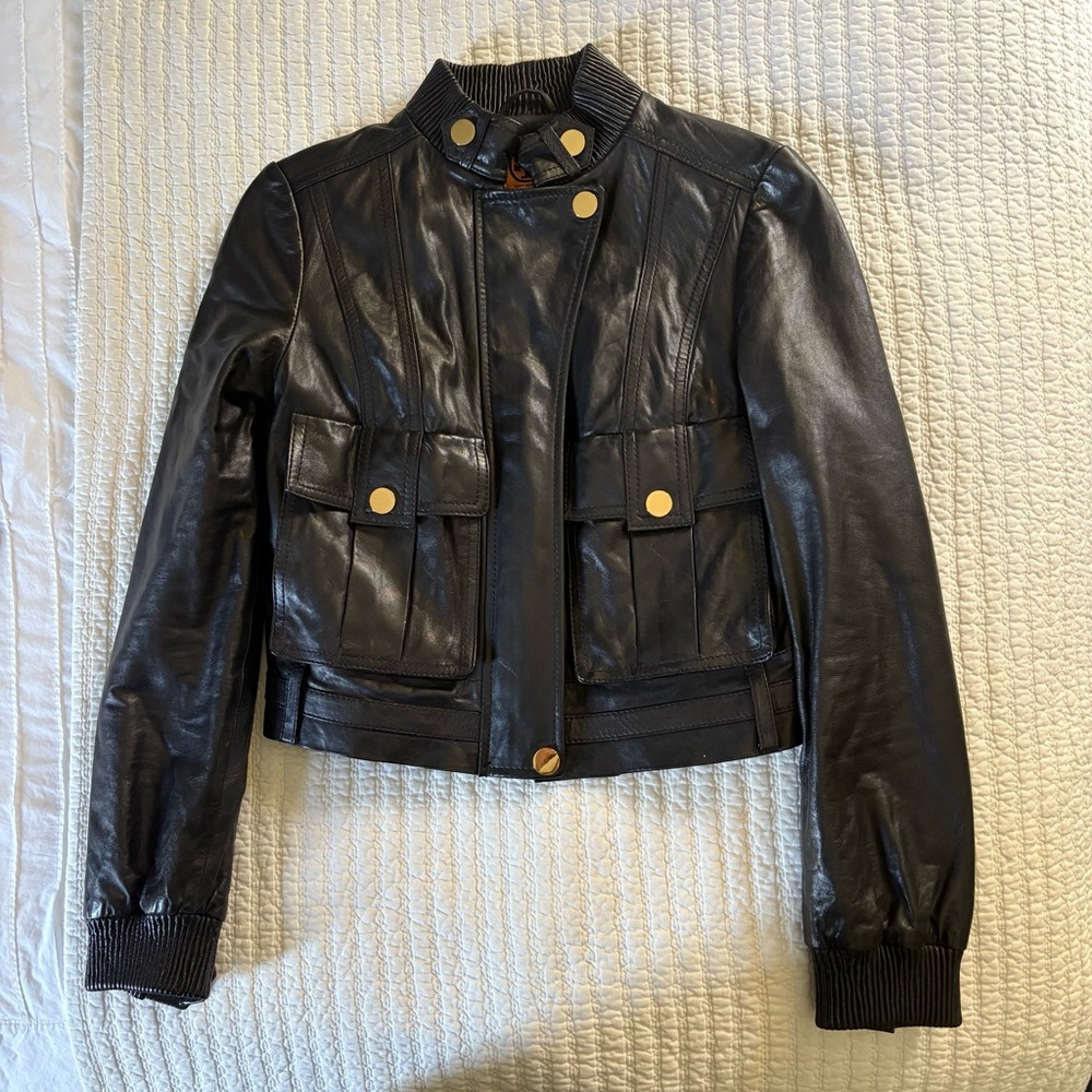 Tory Burch Brown Leather Biker Jacket Sz 0.